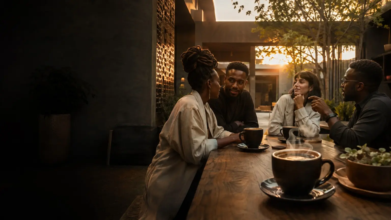 Friends sharing coffee and conversation in a warm, contemporary setting